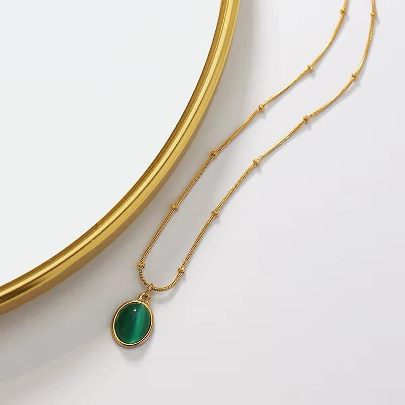 Gold Stainless Steel Oval Green Stone Pendant Snake Chain Necklace for Women