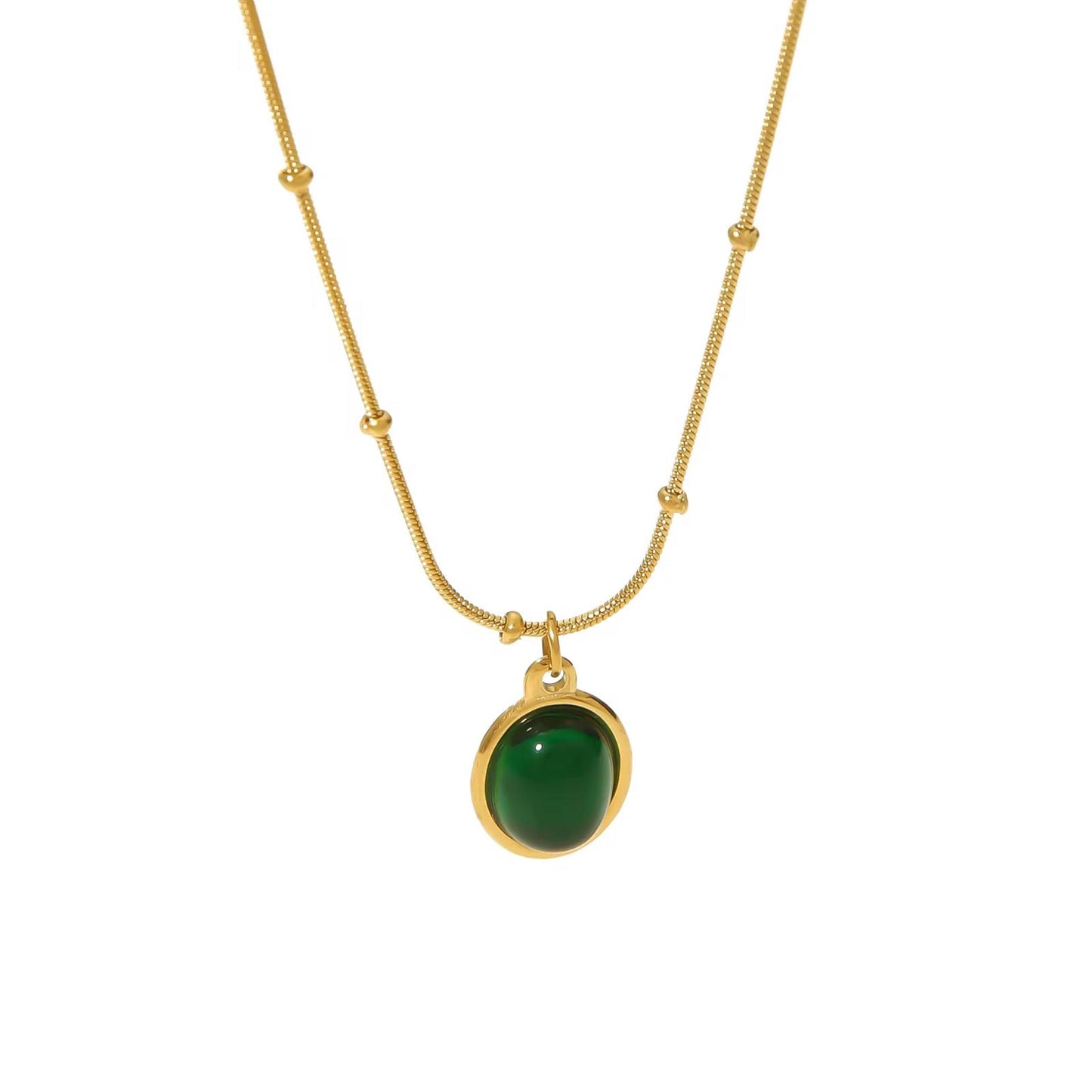 Gold Stainless Steel Oval Green Stone Pendant Snake Chain Necklace for Women