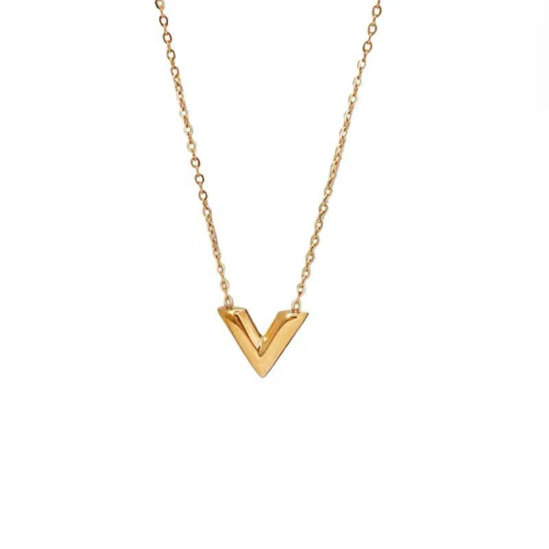 Stainless Steel 18K Gold V Drop Pendant Oval Chain Choker Necklace for Women