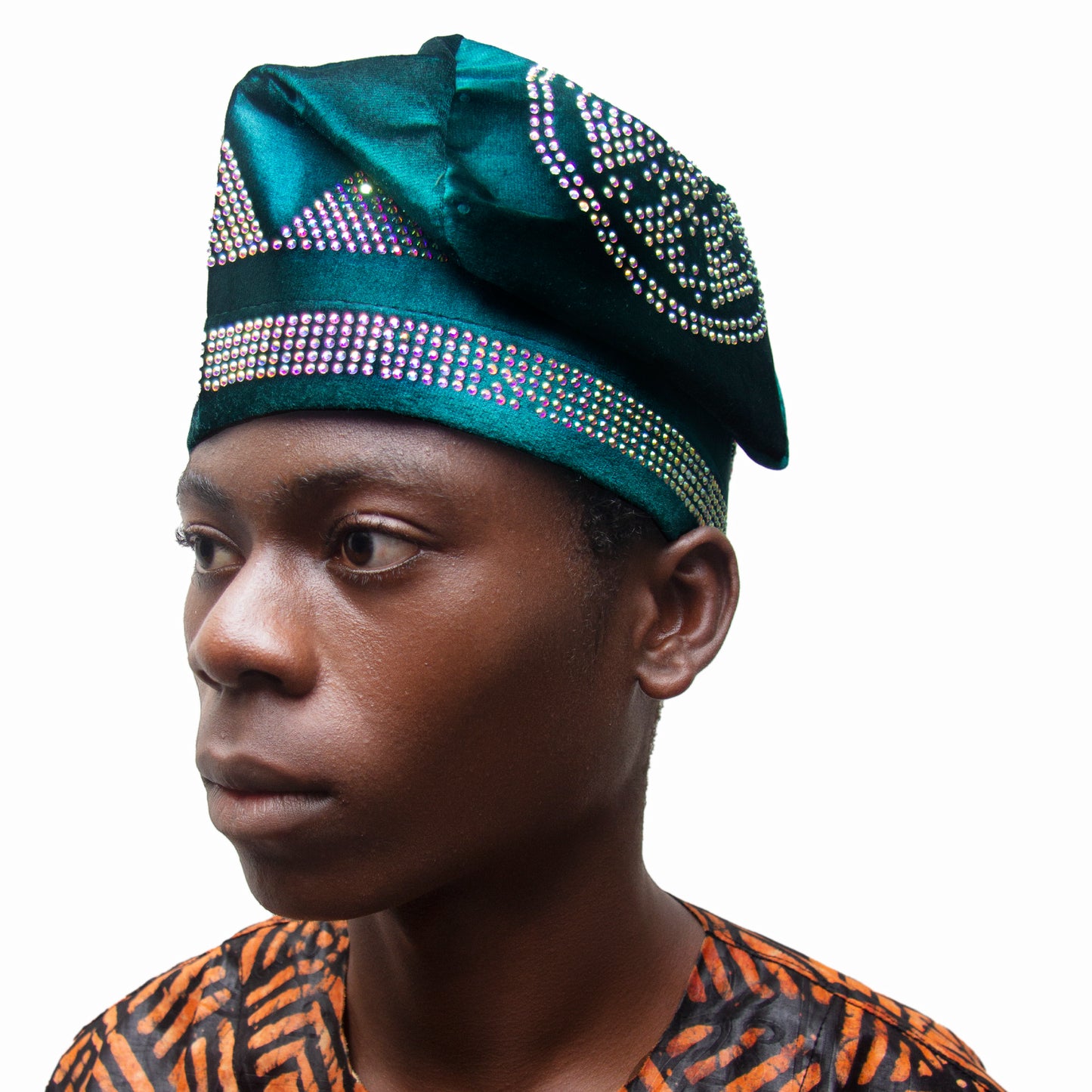 African Stone-Embellished Velvet Fila Cap