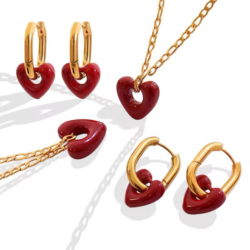 18K Gold Stainless Steel Red Heart Pendant Necklace & Hoop Earring Set