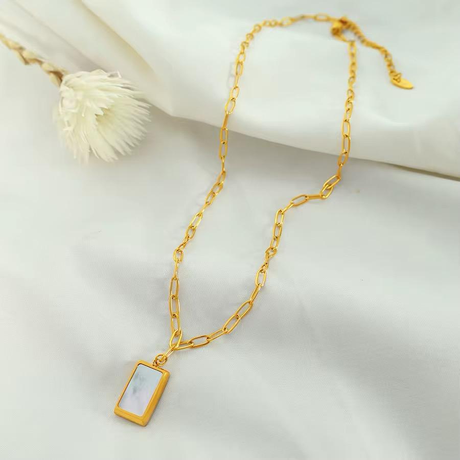 18K Gold-Plated Rectangle White Shell Pendant Necklace for Women