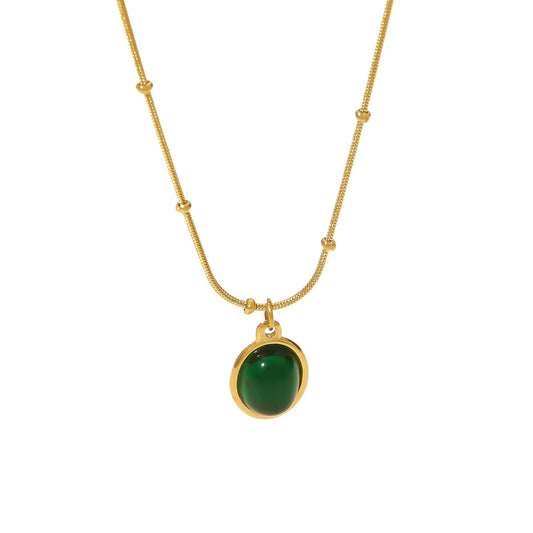Gold Stainless Steel Oval Green Stone Pendant Snake Chain Necklace for Women