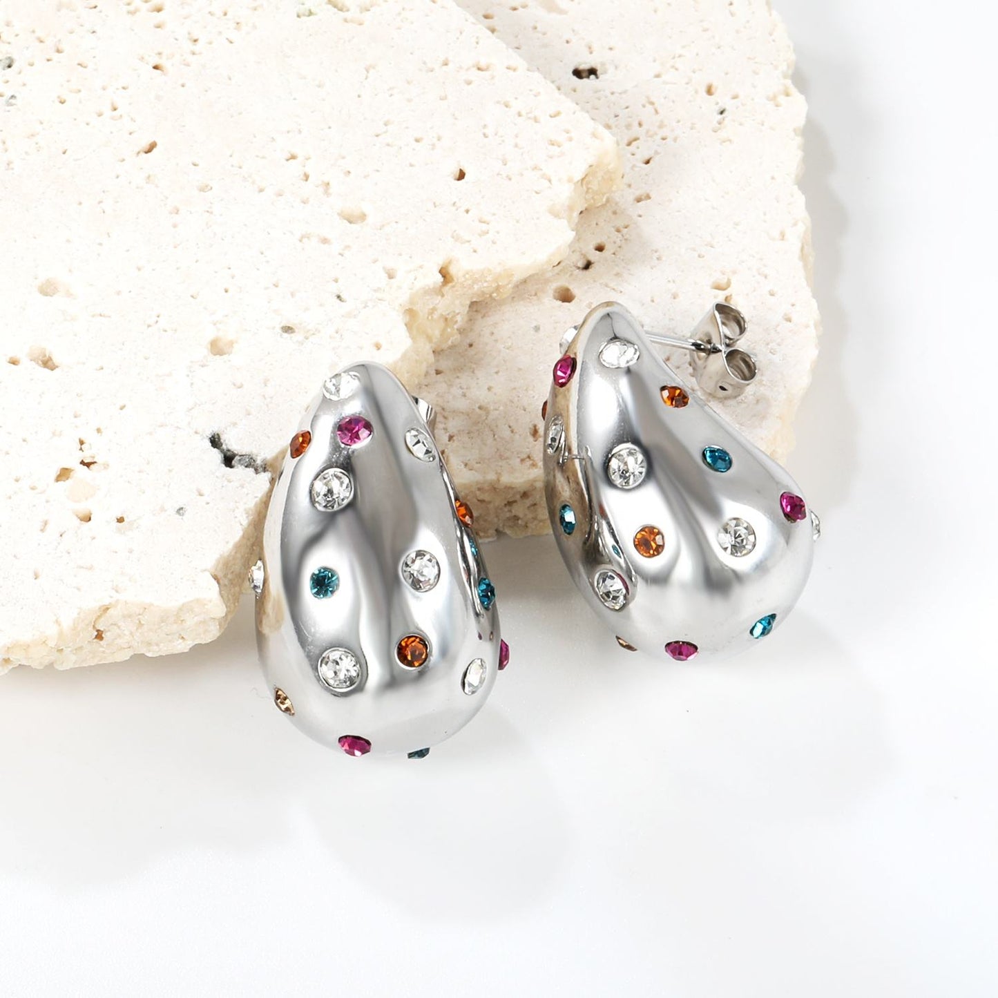 Stainless Steel Water Drop & Heart Stud Earrings for Women